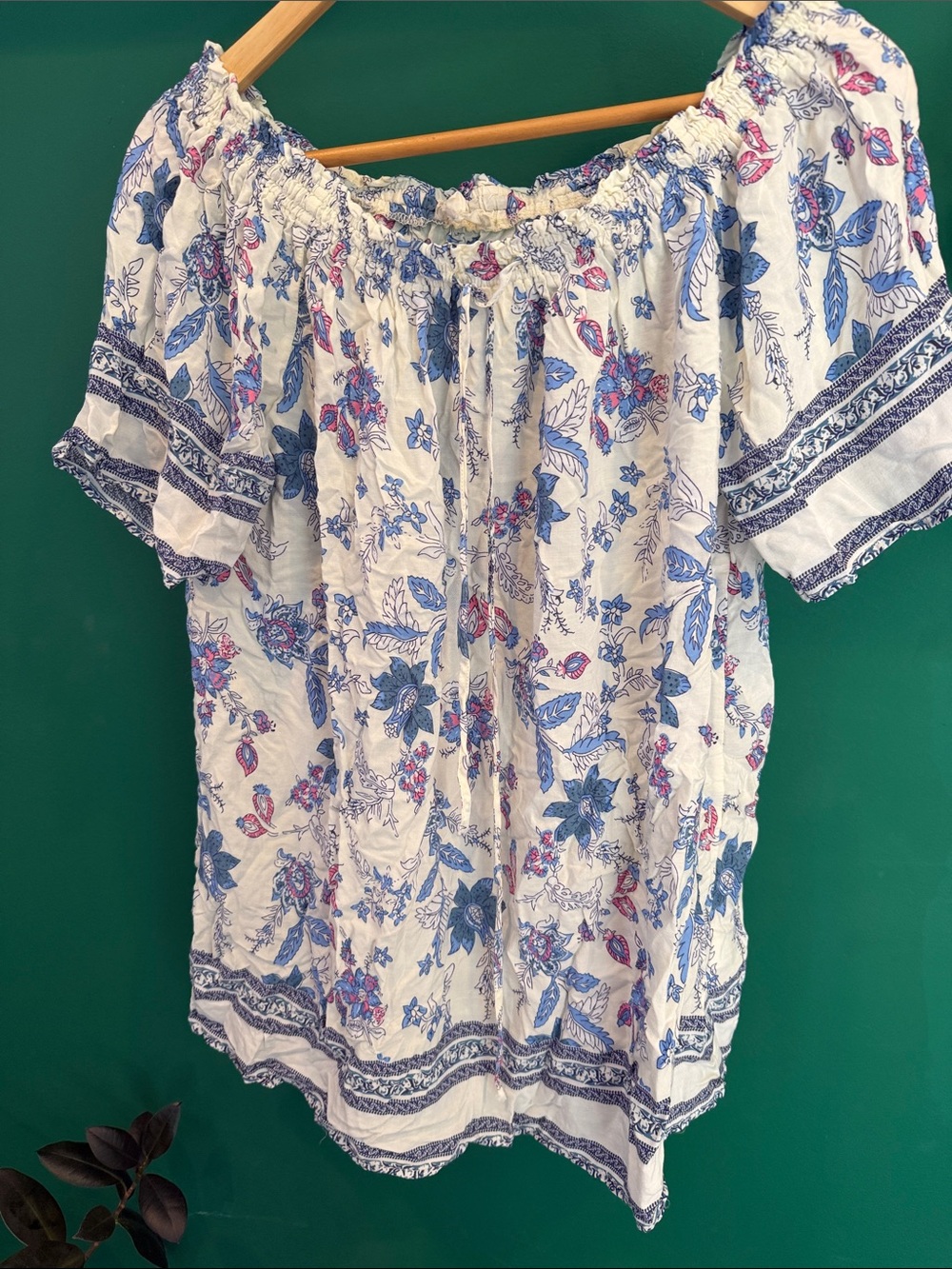 Boho Off-Shoulder Floral Tunic in White with Blue & Pink Print